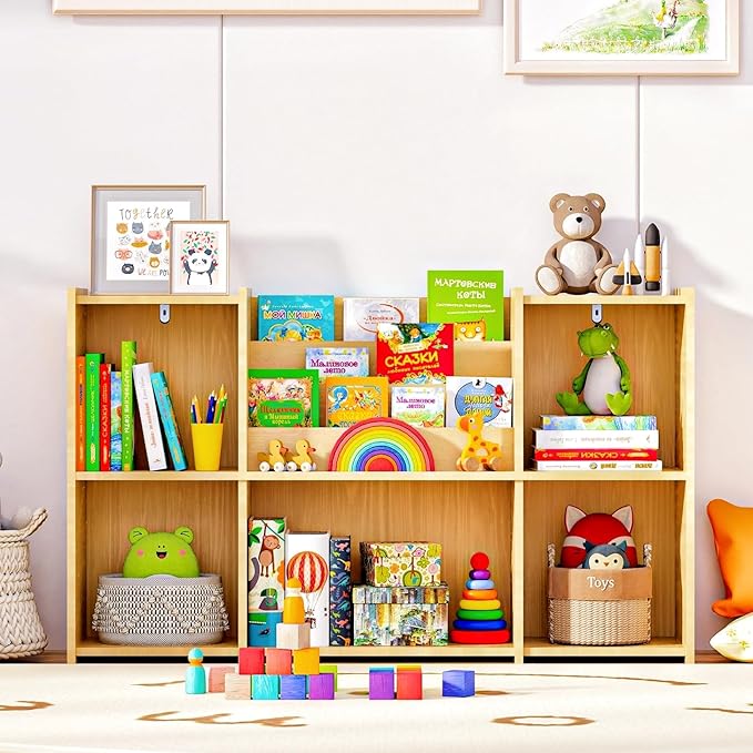 Kids Bookshelf & Toy Storage Organizer, 2-Tier Horizontal Wooden Shelf with 5 Open Compartments and Front Book Display, Low H