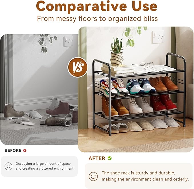 Shoe Organizer for Closet, Metal Shoe Shelf Rack Stackable 3 Tier 27 Inch Wide for Entryway, Adjustable, Black