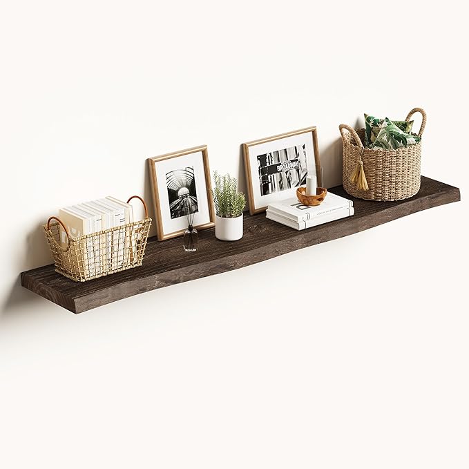 Vivelove Live Edge 48 Inches Floating Shelves for Wall, Elm Wood, Rustic Farmhouse Wall Shelf with Invisible Bracket for Livi