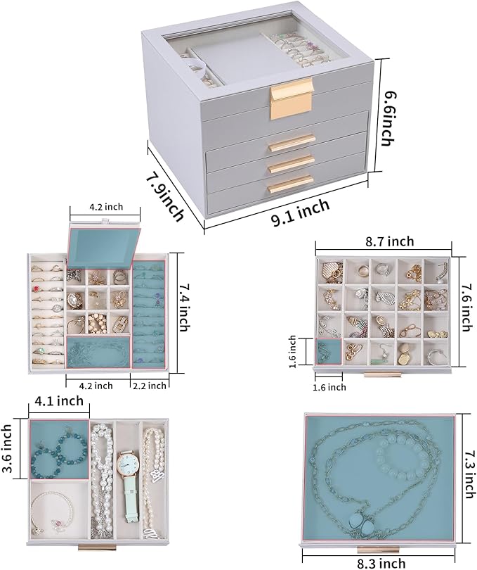 BOOVO Clear Lid Jewelry Box,4 Layers Jewelry Organizer Large Jewelry Storage Box with 3 Drawers,Jewelry Holder Organzier of R