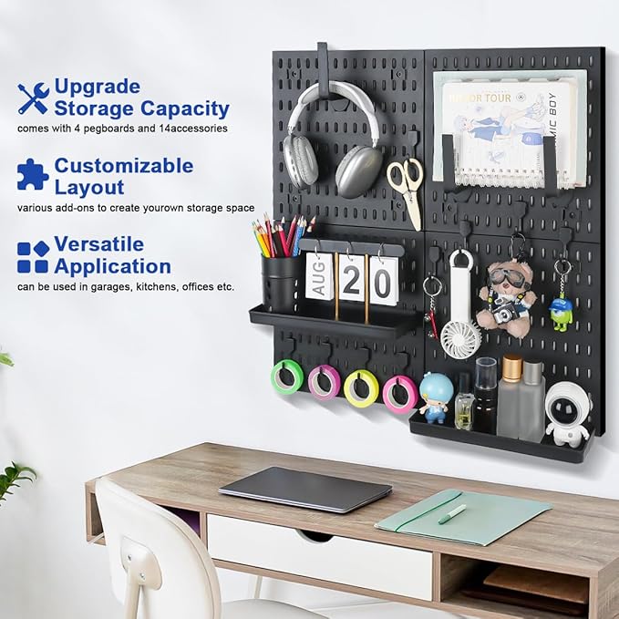 Pegboard Wall Organizer Kit – Heavy Duty 20lbs Load Bearing, Easy Installation, 4 Peg Board Panels 14 Accessories – Multi-Sur