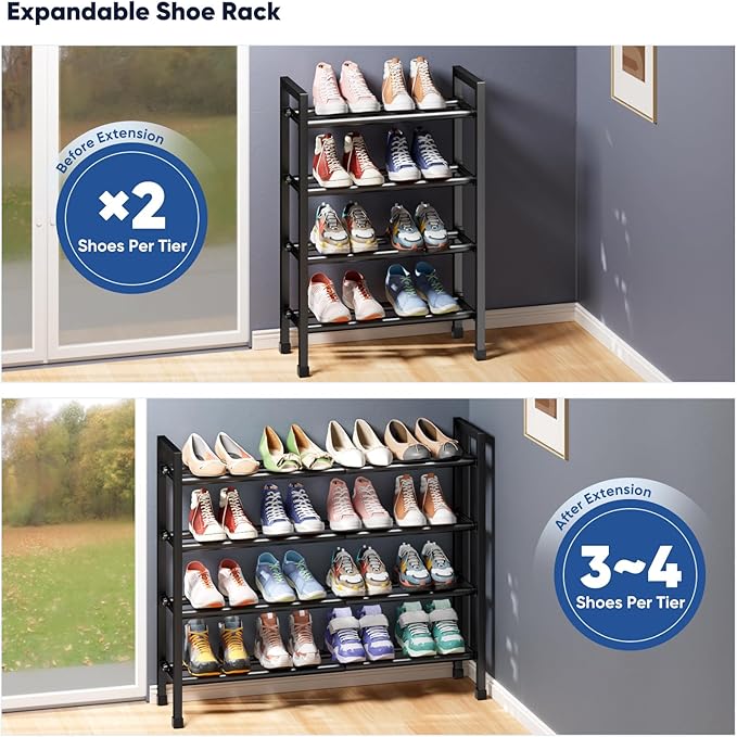 Abiglifty 4-Tier Expandable Shoe Rack,17"-33" Adjustable Shoe Rack for Closet,Metal Shoes Shelves for Front Door Entrance, Ga