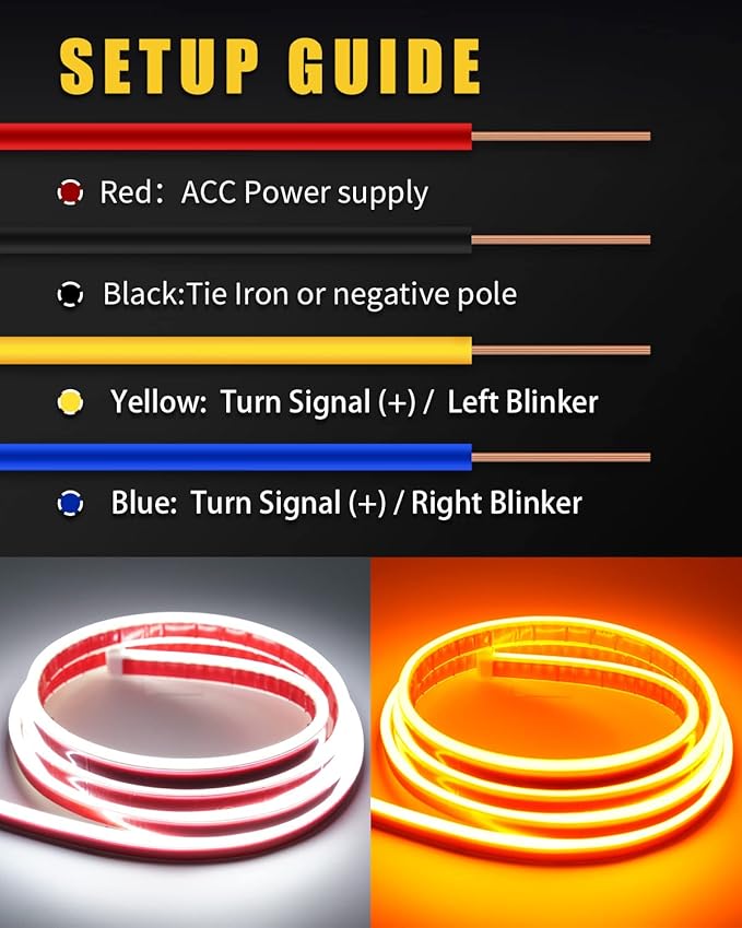 Dynamic Scan Start Up Hood Light Strip Sequential Flowing Turn Signal Lights Flexible DRL Daytime Running Car Led Light Strip Exterior, Dual Color Amber White Switchback 12V 79inch (1 Set)