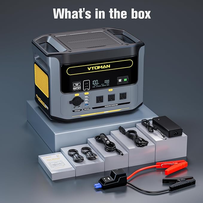 VTOMAN FlashSpeed 1000 Portable Power Station with Jumper Cables, 828Wh LiFePO4 Solar Generator & Car Jump Starter, 1H Fast Charging, 2000W Peak for Home Backup, Camping, Roadside Emergencies