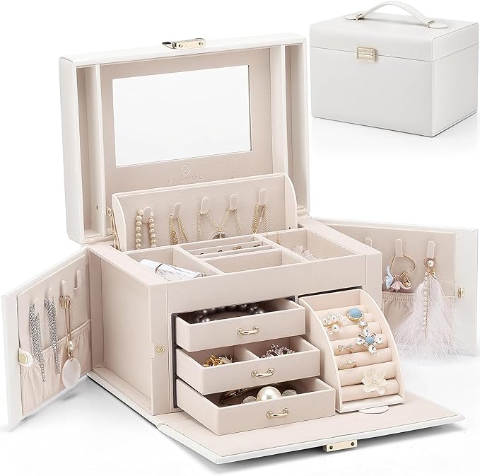 Vlando Jewelry Box Organizer for Girls Women, Large Vintage Jewelry Storage Box with Mirror, Drawers for Bracelets, Earrings,
