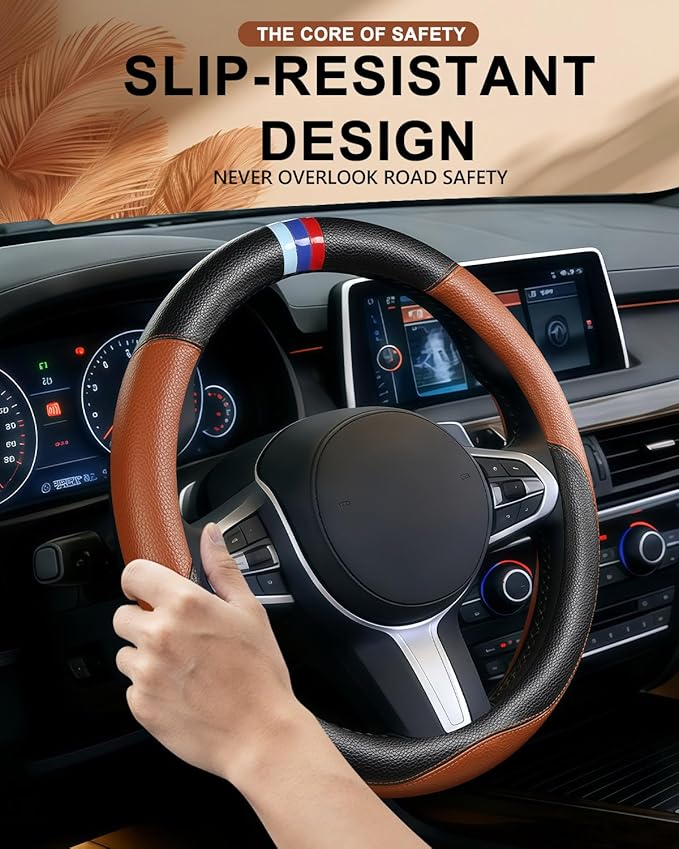 Steering Wheel Cover for BMW Leather Car Steering Wheel Covers Universal for Car SUV Truck with Anti-Slip Lining 14.5-15inch 