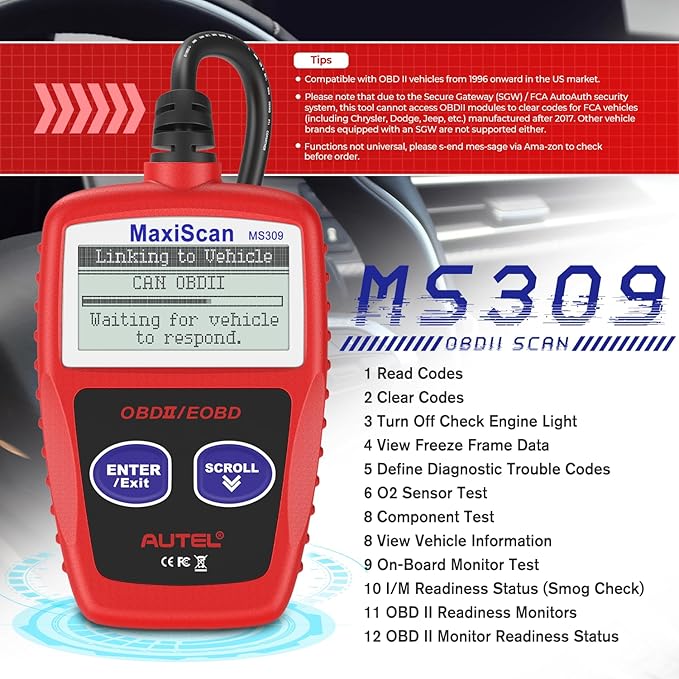 Autel OBD2 Scanner MS309 Universal Car Engine Fault Code Reader, Check Engine Light and Emission Monitor Status, OBDII CAN