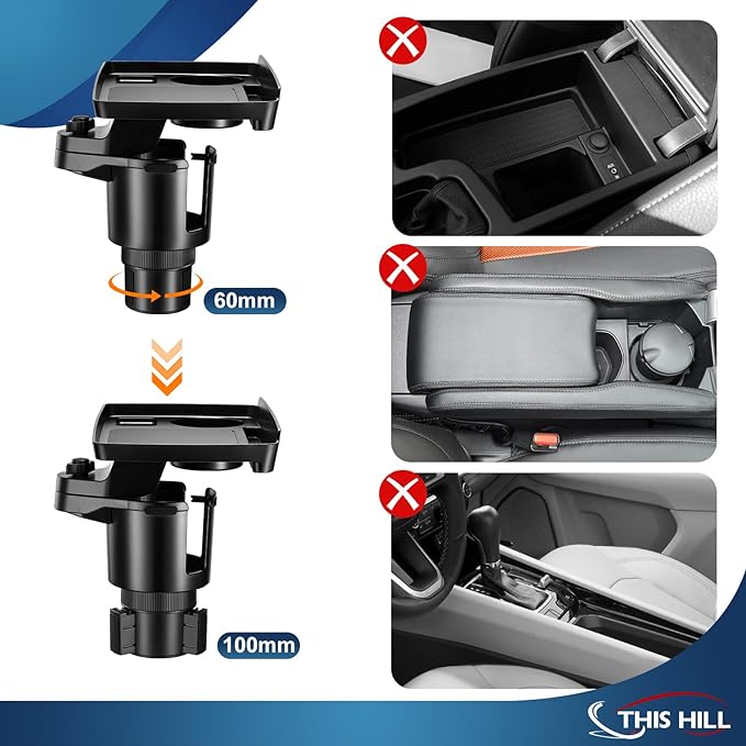 This Hill 2 Pack Cup Holder Tray for Car, 2 in 1 Detachable Car Food Table Tray with 3.93" Base & Phone Slot,Car Cup Holder E