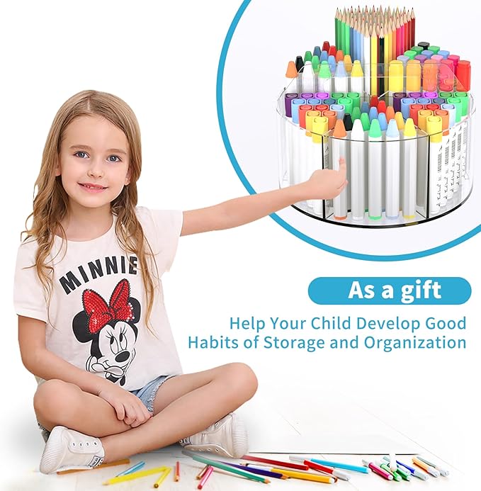 Acrylic Desk Organizer Clear Pen Holder 2 Packs, 360 Degree Pencil Holder for Desk Kids, Rotating Lazy Susan Organizer for Sc