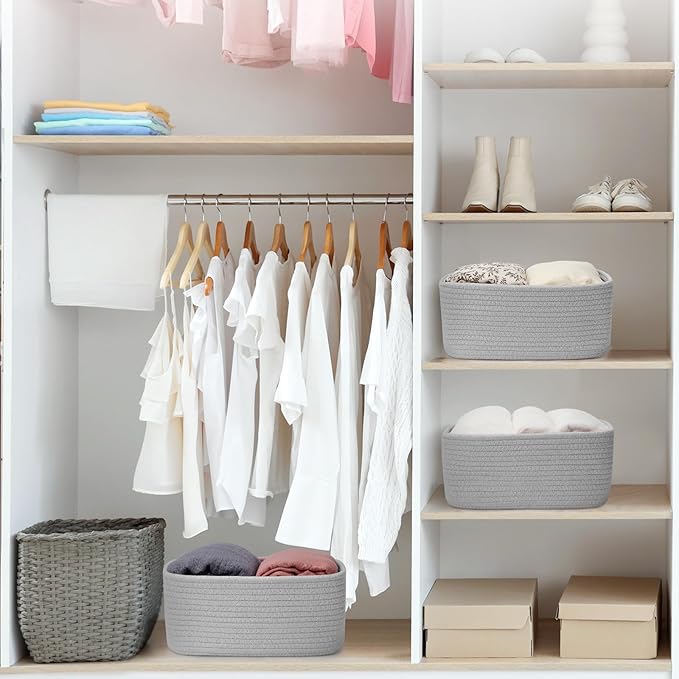 3-Pcs Shelf Baskets for Organizing, Closet Organizer Bins, Small Woven Baskets, Rope Toy Basket, Storage Basket for Shelves, 