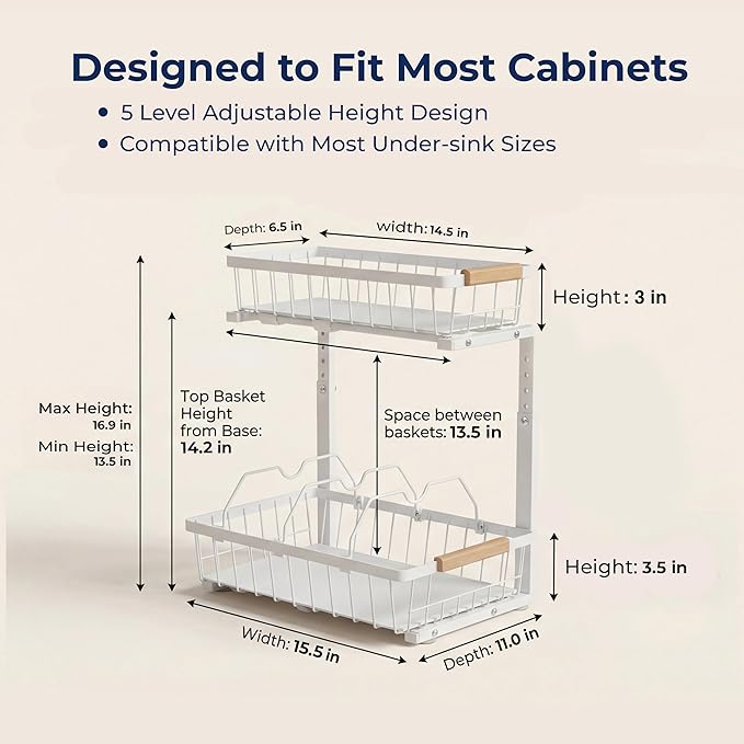 Under Sink Organizer, 2 Pack, 2 Tier Sliding L-Shaped Carbon Steel Rack with Adjustable Height, Motion-Activated LED Lights, 