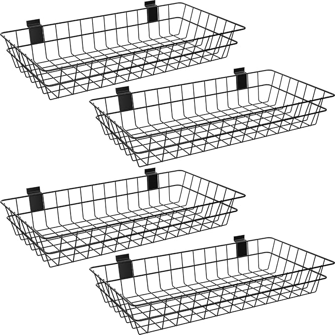 4 Pack Extra Large Slatwall Baskets, 24" x 12" x 4" Slatwall Panel Hanging Wire Basket for PVC Slatwall Ventilated Metal Slat