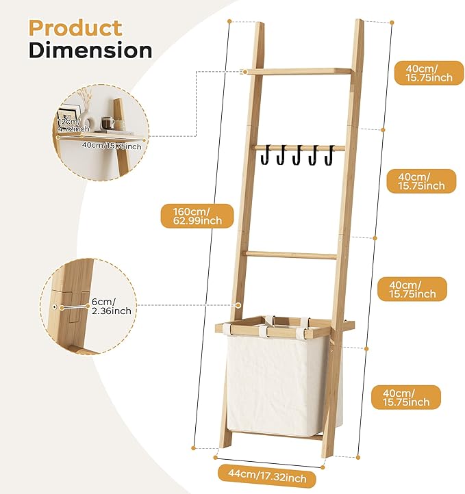 63" Bamboo Blanket Ladder with Shelf, Fabric Basket and 5 Hooks, 4 Tier Leaning Blanket Rack, Farmhouse Towel Ladder Rack, De