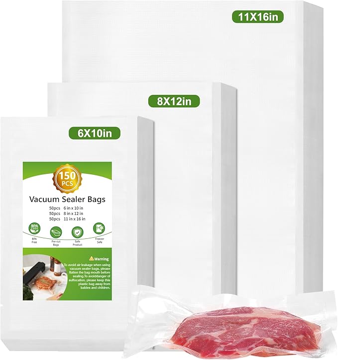 Moretoes 150pcs Vacuum Sealer Bags, Gallon 11" x 16" and Quart 8" x 12" and Pint 6" x 10" Food Saver Bags BPA Free, Pre-cut C