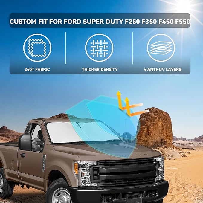 for Ford Super Duty F250 F350 F450 F550 2008-2016 Windshield Sun Shade - 4 Layers Car Sunshades for Front Windows Shade Cover Custom Fit Super Duty Sun Visor 250T Shade Blocks UV Rays Car Accessories