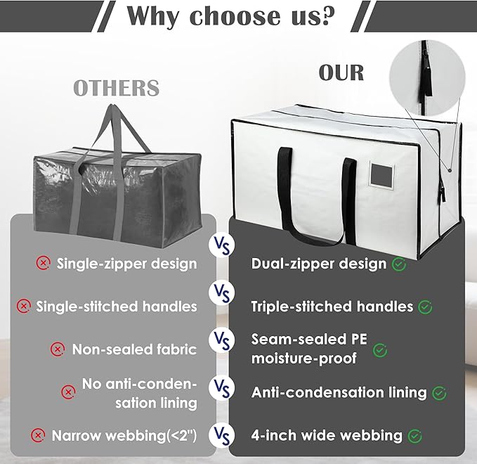 6 Pack Moving Bags with Full-Open Side Zipper, Extra Large 93L Heavy Duty Waterproof Foldable Storage Totes for College Dorm,