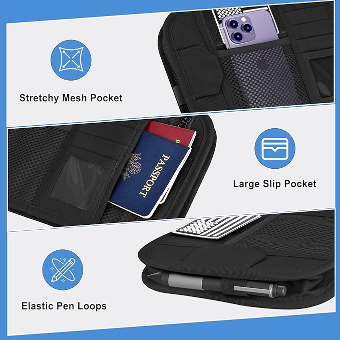 HUANLANG Car Sun Visor Organizer, Tactical Car Accessories with Zipper Storage Pouch, Glasses Clip Card Sleeve Pocket, Multi-Pocket Visor Organizer Fits Most Cars, SUVs, Trucks