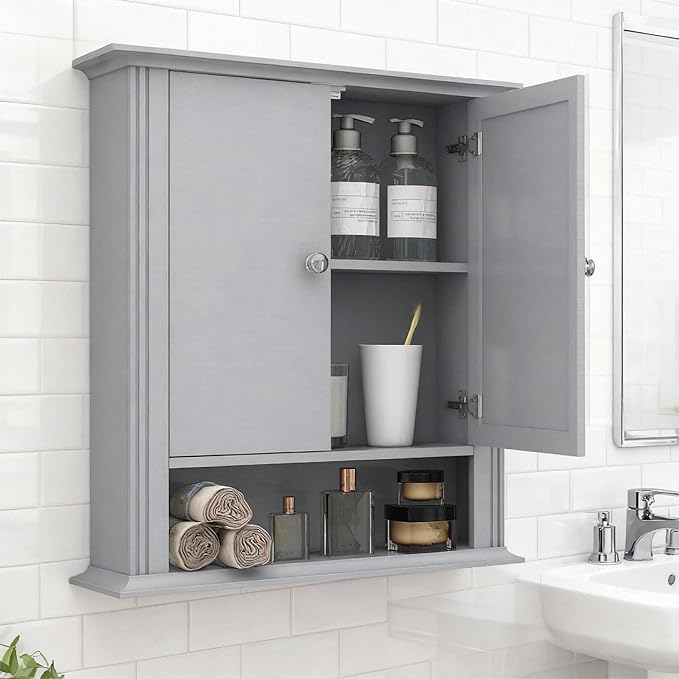 Wall Mounted Bathroom Cabinet Wooden Storage Cabinet with 2 Doors & Adjustable Shelf, Hanging Wall Cabinet Over Toilet, Upper