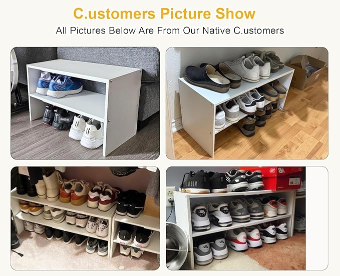 White Shoe Rack Organizer for Closet, 2-Tier Expandable Shoe Shelf, Stackable Iron Wood Combination Small Shoe Racks Shelves 