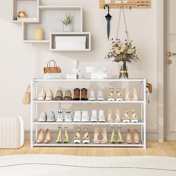 LUKYTOWER Extra Long Shoe Rack 4 Tier Shoe Storage Organizer with 2 Hooks, Wide Stackable Shoe Organizer Racks for Closet Ent
