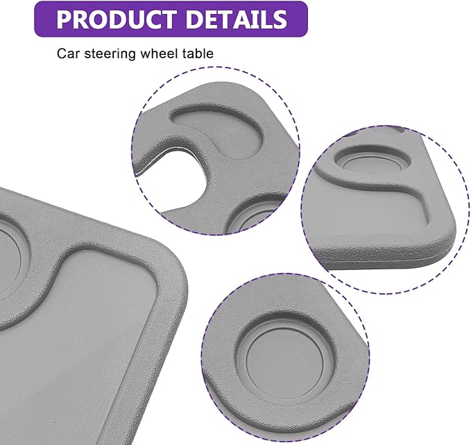 Car Steering Wheel Desk Tray for Laptop and Eating 2 in 1 Multipurpose Travel Accessory with Drink and Pen Holder Compatible with Most Vehicles Grey