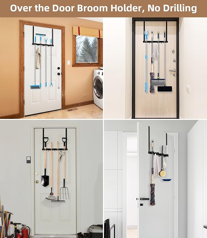 Broom Holder Over The Door - 304 Stainless Steel Mop and Broom Holder Wall Mounted or Hanging Over The Door with Hooks - Broo