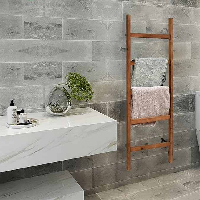 FUIN Wall Mounted 57in Wooden Blanket Ladder Living Room Decorative Farmhouse Quilt Display Holder Rustic Wood Towel Rack for