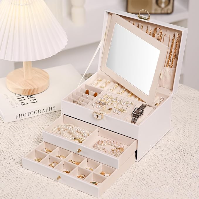 3 Layer Jewelry Boxes for Women with Mirror Large Jewelry Organizer Box with 2 Jewelry Organizer Drawer PU Lockable Elegant U