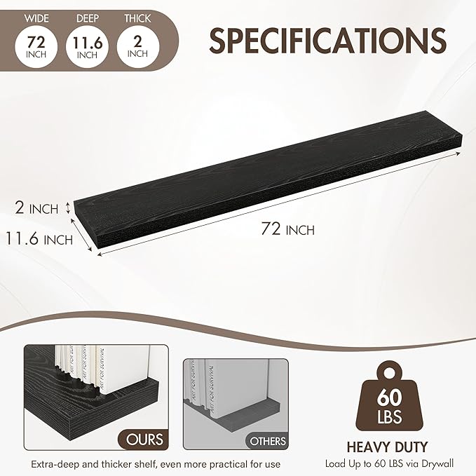72 Inch Floating Shelves, 12" Deep Floating Shelf Wall Mounted, 72" Wall Shelves, Rustic Deep Bookshelf, Extra Deeper & Thick