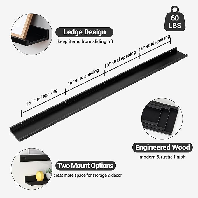 Axeman 72 Inch Floating Shelves | Black Picture Ledge Shelf Set of 3 | Rustic Wood Wall Shelves with Lip | 72" Black Picture 