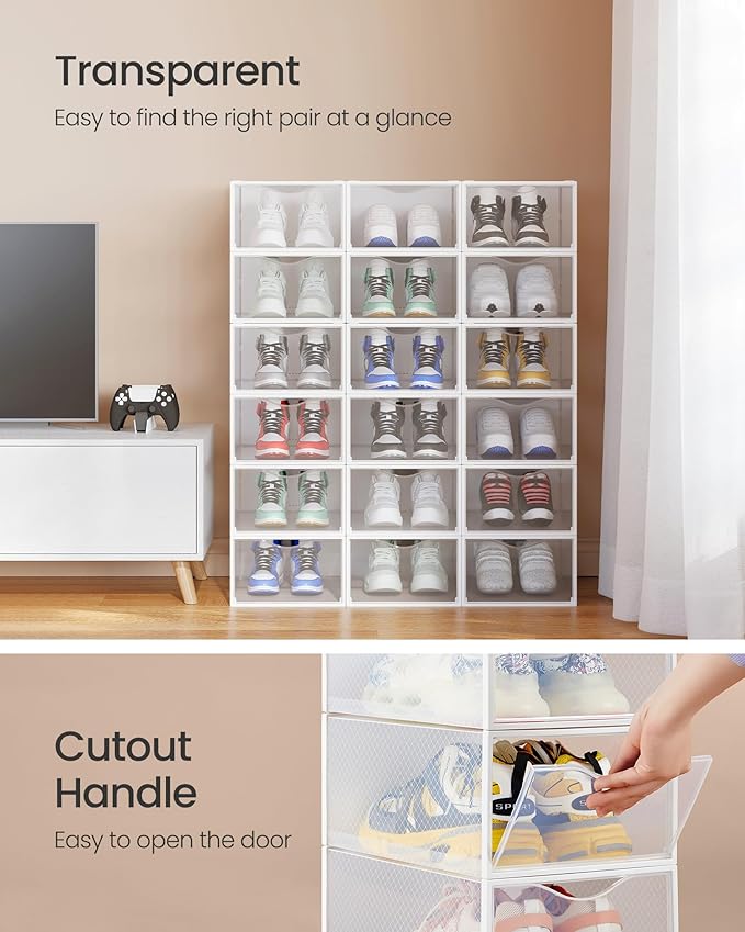 SONGMICS Shoe Boxes, Shoe Storage Organizers Rack for Closet, Plastic Stackable Sneaker Containers Case, 18 Pack, Transparent
