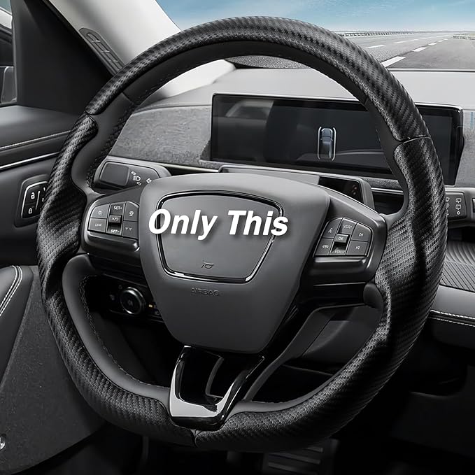3-Piece Carbon Fiber Steering Wheel Cover for Ford Mustang Mach-E 2021-2026, Custom Fit Clip-On Quick Installation Ultra-Thin Interior Car Accessories for Men Women(Matte Black)