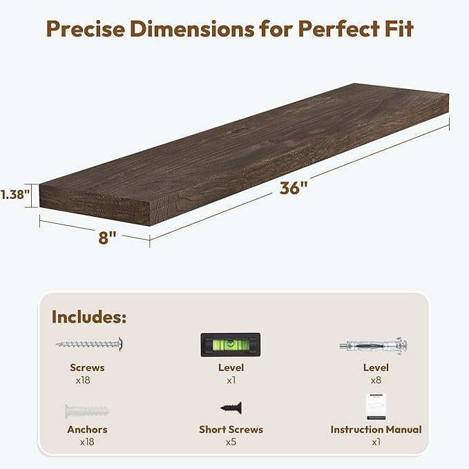 Vivelove Solid Wood Floating Shelves Set of 2, Elm Wood Wall Shelf with Invisible Bracket for Living Room Bedroom Bathroom Of
