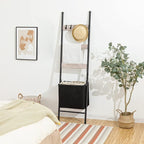 HOOBRO Blanket Ladder with Basket, 17.3”L x 63.4”H, Towel Rack with Hooks, Blanket Holder Rack, Decorative Ladder Shelf, Dryi