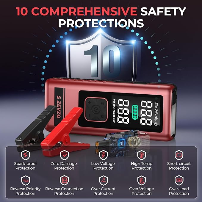 S ZEVZO Car Jump Starter with Air Compressor, 4000A 150PSI Jump Box Battery Pack(6.0 Gas/4.0L Diesel), Portable 12V Jump Box with Auto-Shutoff Tire Inflator, USB Ports, LCD Display & LED Light
