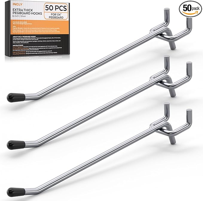 INCLY 50 Pack 6 Inch Pegboard Hooks, 1/4" Heavy Duty Peg Board Hooks Accessories with Rubber Tipped, Peg Board Tool Hangers F