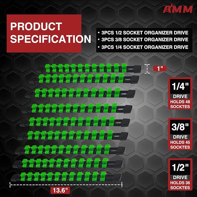 AMM 9-Piece Socket Organizer, 1/2 inch, 3/8 inch and 1/4 inch Drive ABS Tools-Green Socket Holder,Heavy Duty Socket Racks, Pr