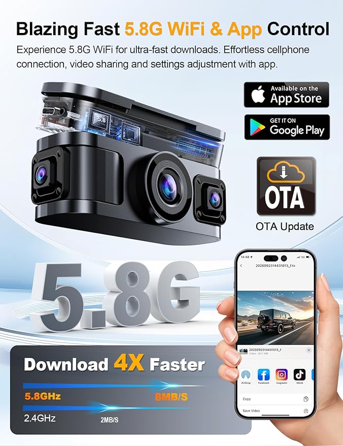 360° View 4K 4 Channel Dash Cam Front and Rear Inside Left Right, Built-in GPS, 5.8GHz WiFi, Car Dash Camera for Cars with Ap