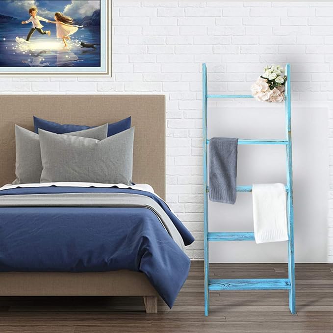 Honest Ladders for Living Room, 5-Tier Blanket Holder, Wall-Leaning Rack, Ladder Shelves, Wooden Quilt Ladder, Farmhouse Deco
