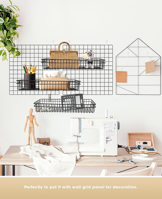 ANZOME 2 Pcs Metal Grid Wall Baskets with Hooks - Black Hanging Wire Basket Grid Wall Shelves - Multi Function Storage Organi