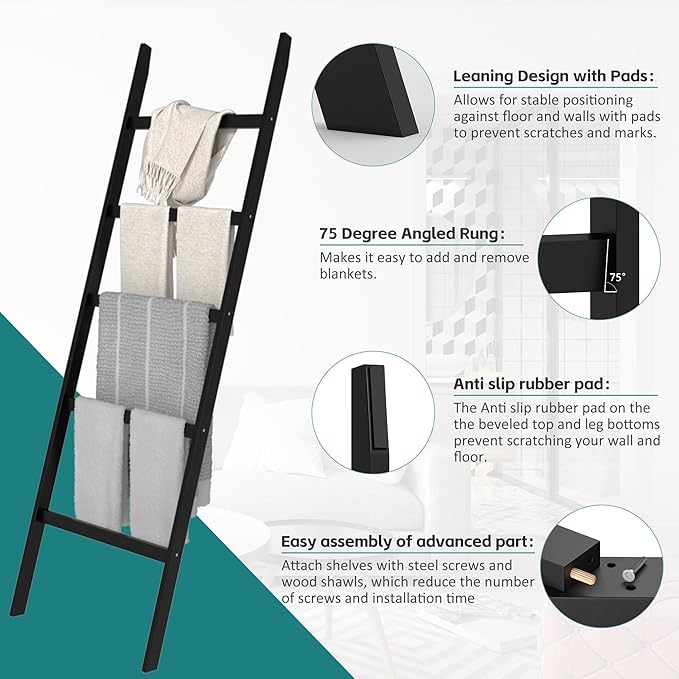 Blanket Ladder, Bamboo 5-Layer Towel Racks, Blanket Quilt Towel Holder Rack Decorative Ladder, Easy Assembly, Rustic Farmhous