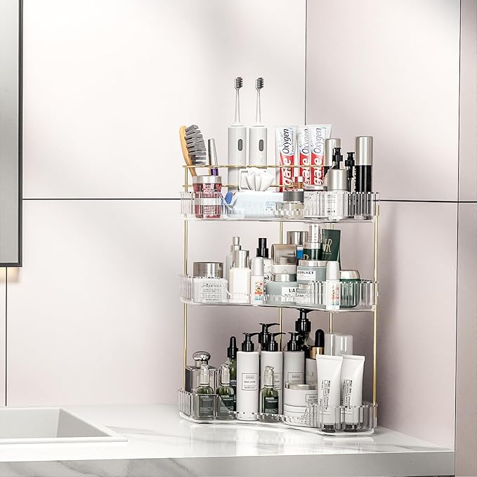 Makeup Organizer Countertop 3 Tier, Corner Bathroom Countertop Organizer with Toothbrush and Makeup Brush Holder, Corner Vani