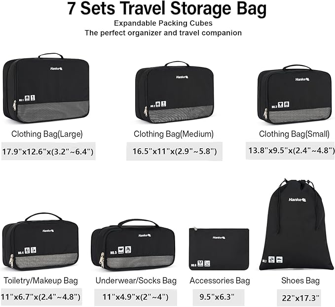 Hanke 7 Set Compression Packing Cubes for Travel, Expandable Large Packing Cubes for Suitcases and Backpack, Luggage Packing 