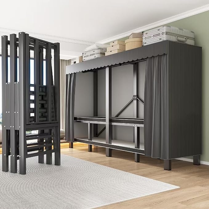 49.2in Heavy Duty Clothes Rack with Black Cover Foldable Covered Clothes Rack for Hanging Clothes portable Wardrobe Closet Sy