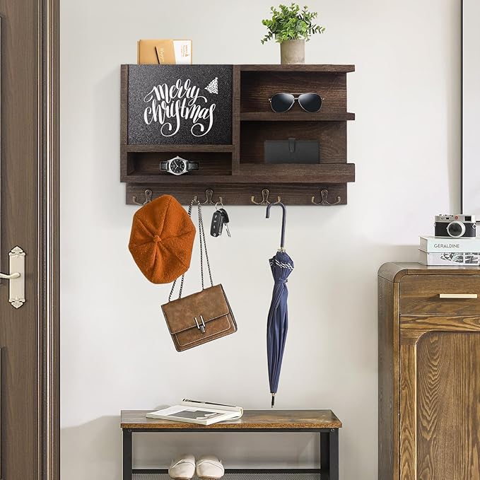 WEWEOW Key Holder for Wall, Mail Organizer Wall Mount with Key Hooks and Chalkboard & Mirror for Sunglasses Storage and Dog L