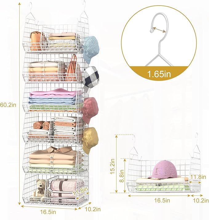 Jautokerdar 6 Tier Extra Large Hanging Closet Organizer, Closet Storage Hanging with Dividers, Wire Closet Shelf with 5 S Hoo