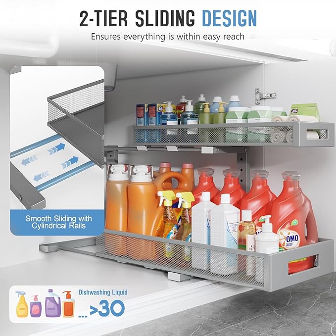 1 Pack 20.47IN Depth Under Sink Storage Organizer, Large 2-Tier Elegant Mesh Pull Out Shelf for Kitchen and Bathroom Cabinet 