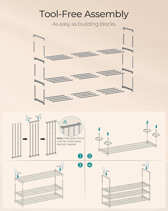 SONGMICS Shoe Rack, 3-Tier Shoe Organizer, Metal Storage Shelf, Upright or Upside Down, for 16-20 Pairs, Stackable, for Entry