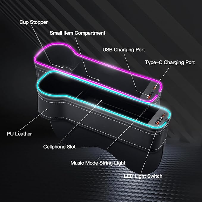 LED Car Seat Gap Filler Organizer Car Gap Filler with 10 Light Music Rhythm Modes USB and Type-C Charger Fit for iPhone Android (2 Pack)