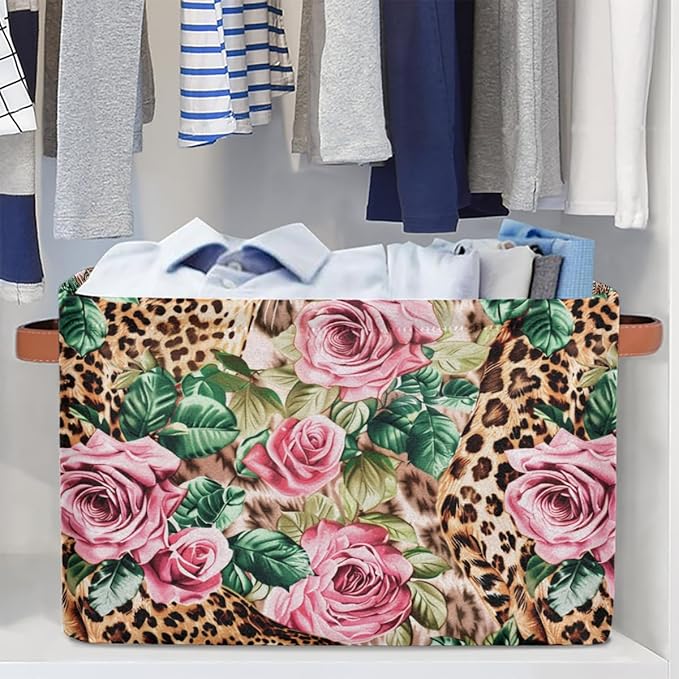 Leopard Print Floral Flower Storage Basket Collapsible Cloth Storage Cube Basket Bins Organizer with Handles Rectangular Larg